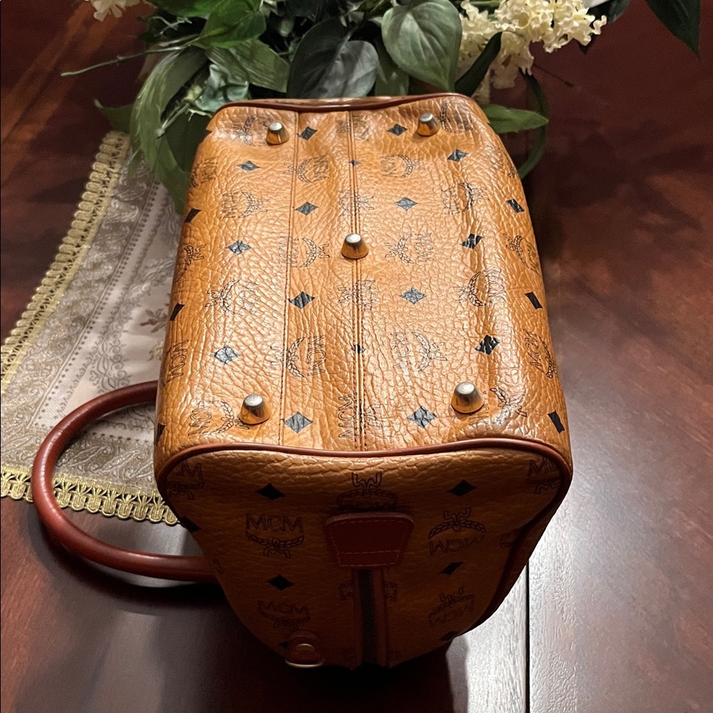 MCM Tan and Brown Satchel with Iconic Monogram and Leather Trim - Picture 4 of 10